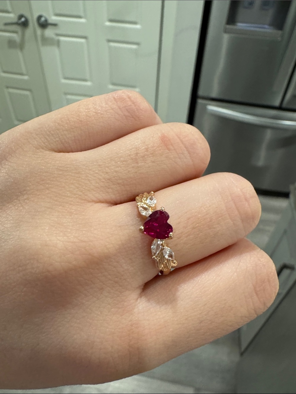 Adjustable Cultivated Ruby Heart & Wings Ring – Rose Gold Tone